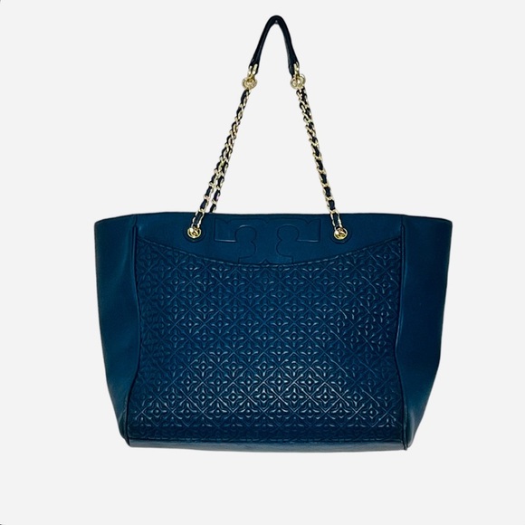 Tory Burch Tote Hudson Bay Navy Blue Gold Chain Bag - Picture 2 of 9